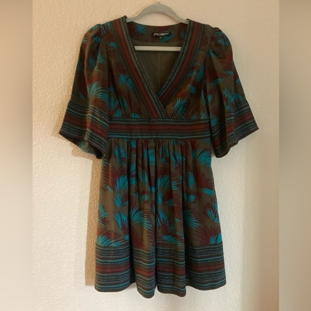 Vintage Betsey Johnson 100% silk Brown and Teal Patterned Dress